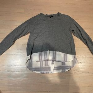 Central Park West Grey crewneck sweater w/ plaid shirt attached/ Size Large